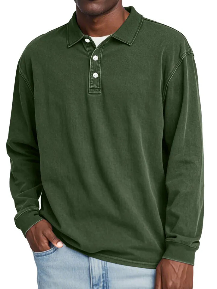 Men's Retro Lapel Button Solid Color Long Sleeve POLO Shirt