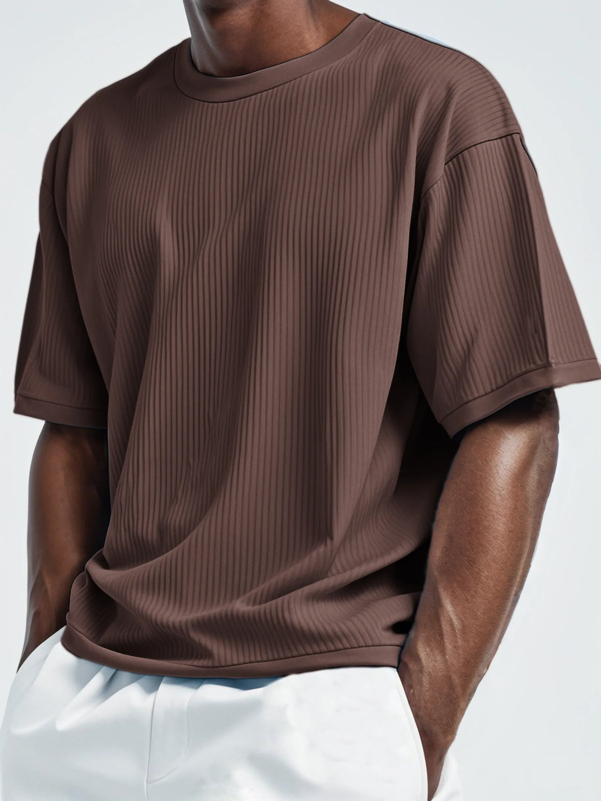 Men's Pleated Vertical Striped Fabric Casual Short Sleeve T-shirt