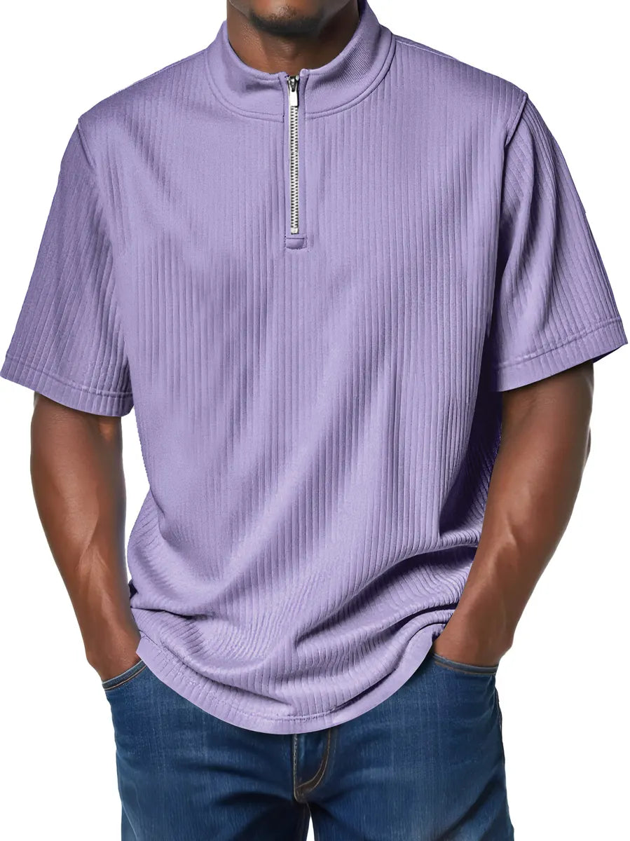 Men's Fashion Stand Collar Zipper Ribbed Texture Casual Comfort Short Sleeve T-shirt