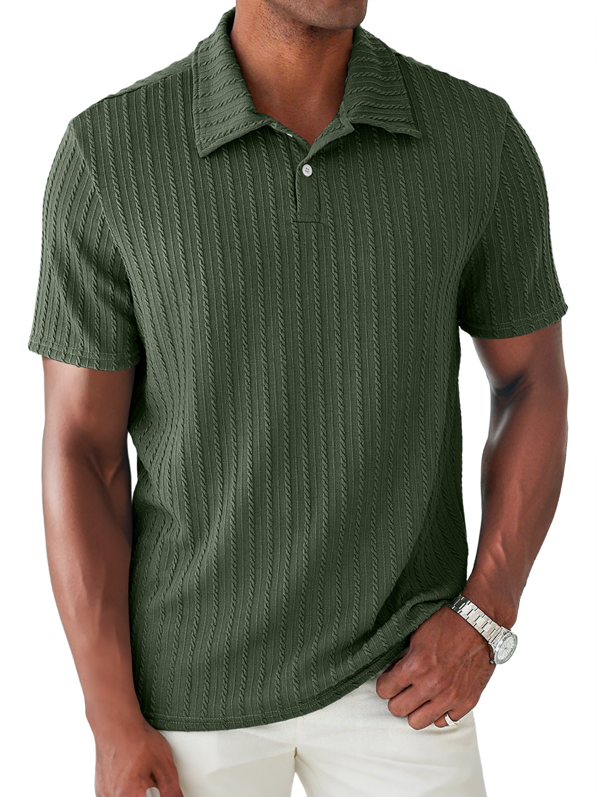 Men's Daily Jacquard Texture Lapel Button Casual Short Sleeve POLO Shirt