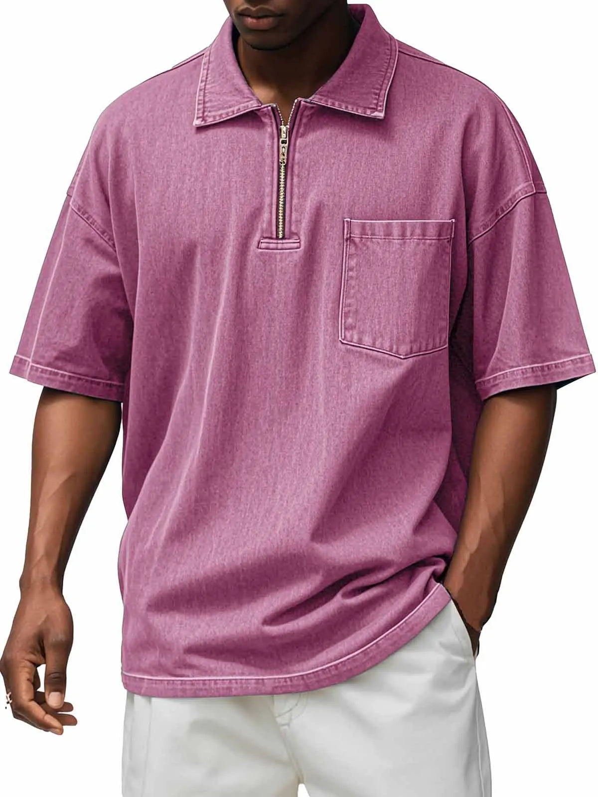 Men's Retro Distressed Zip Pocket Short Sleeve Polo Shirt
