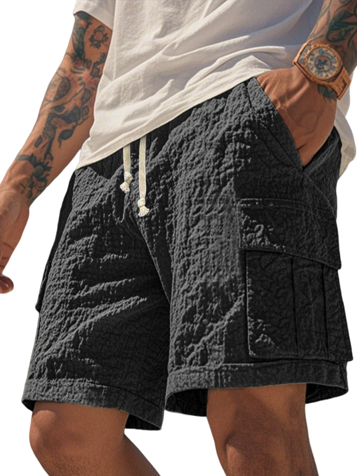 Men's Comfortable Seersucker Pleated Multi-Pocket Cargo Shorts Textured Casual Loose Casual Shorts