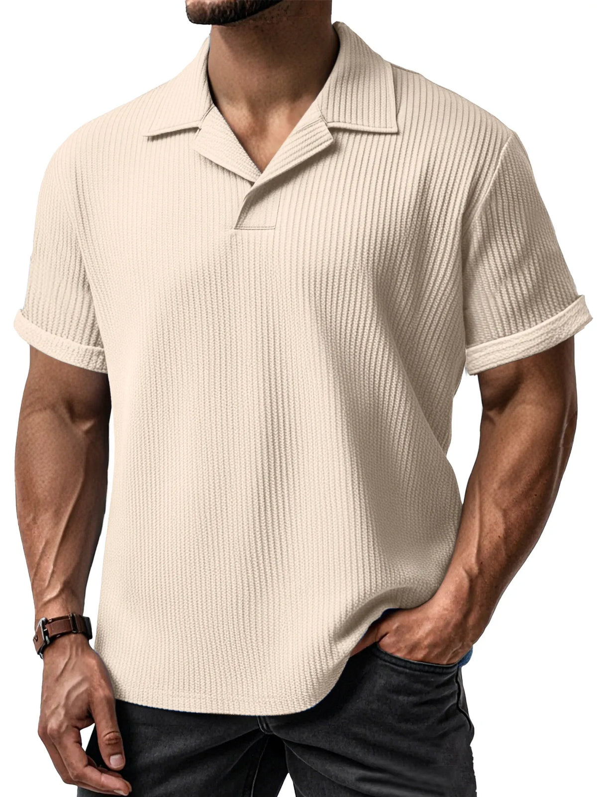 Men's Daily Simple Textured Lapel Short-sleeved Polo Shirt