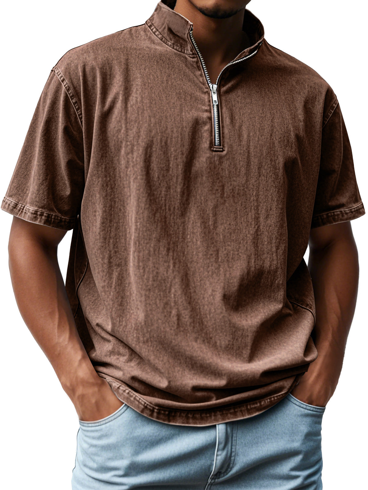 Men's Retro Stand Collar Zipper Casual Short Sleeve T-Shirt