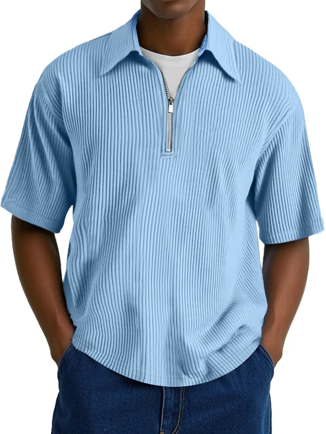 Men's Fashion Ribbed Texture Lapel Zipper Casual Comfort Short Sleeve POLO Shirt