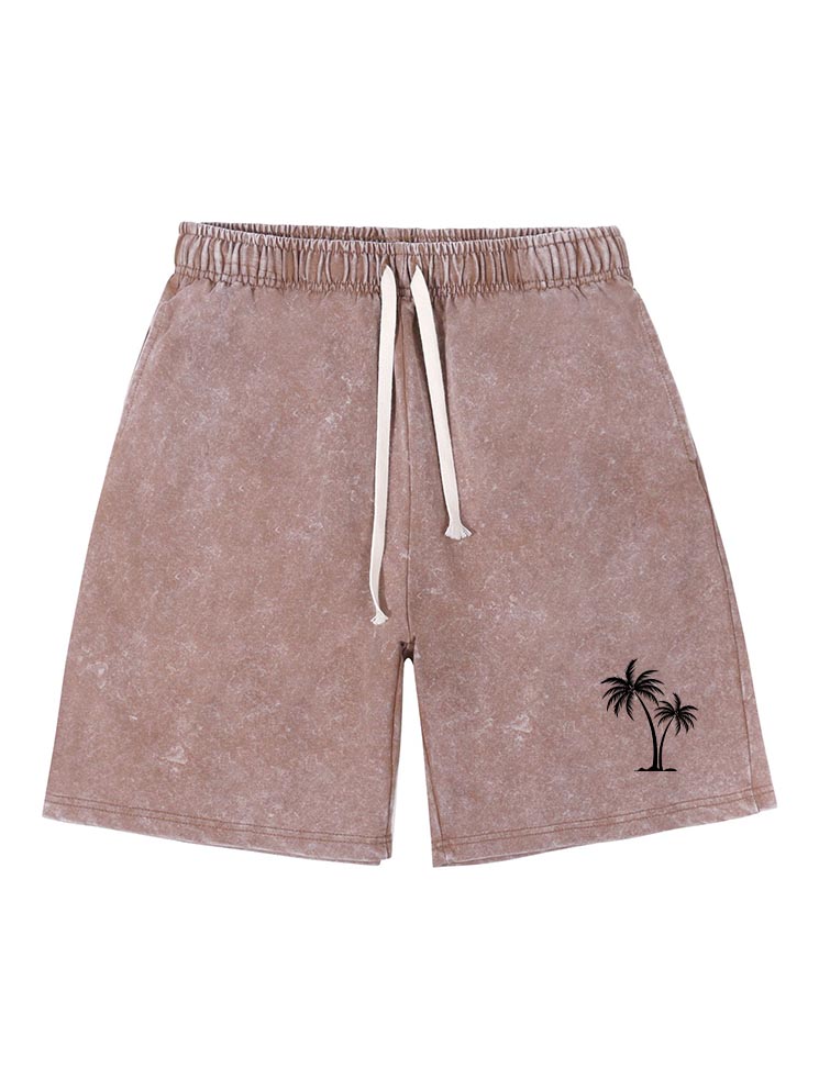 Men's Cotton Washed Water Distressed Wax Printed Pockets Palm Tree Printed Daily Shorts