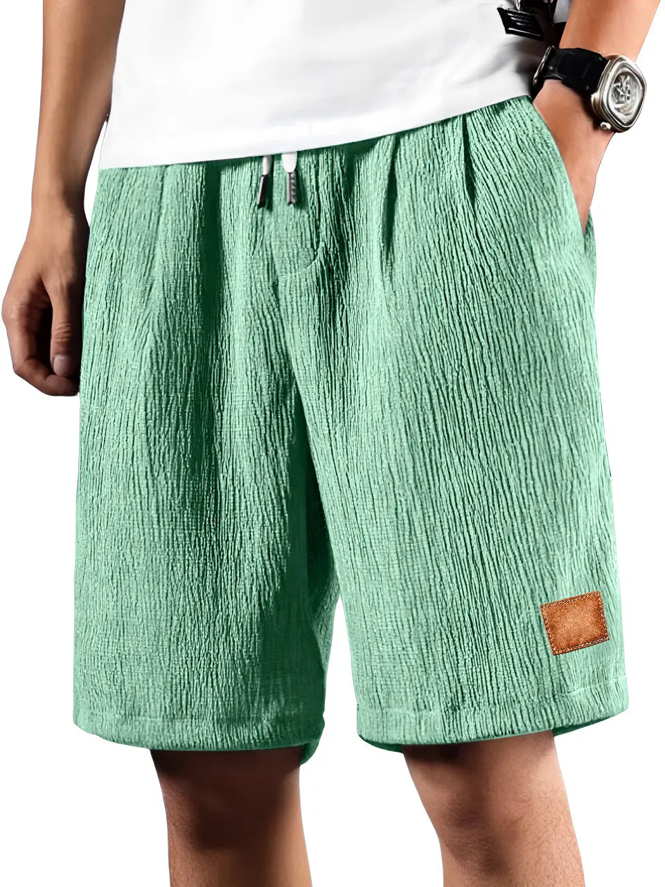 Men's Daily Pleated Texture Embroidered Logo Drawstring Casual Shorts