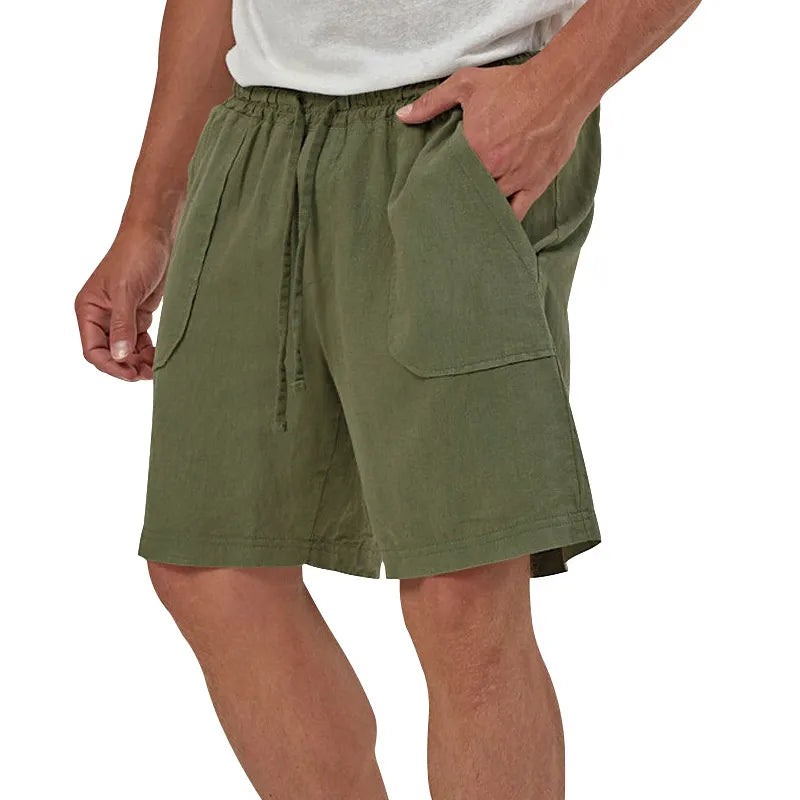Men's Linen Casual Vacation Double Pocket Drawstring Elastic Waist Shorts Cropped Pants