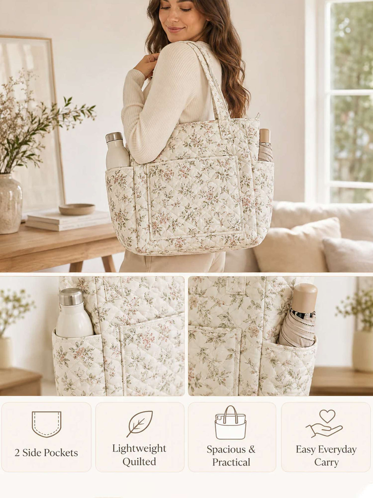 Bee Cozy Multiple Pockets Quilted Tote Bag