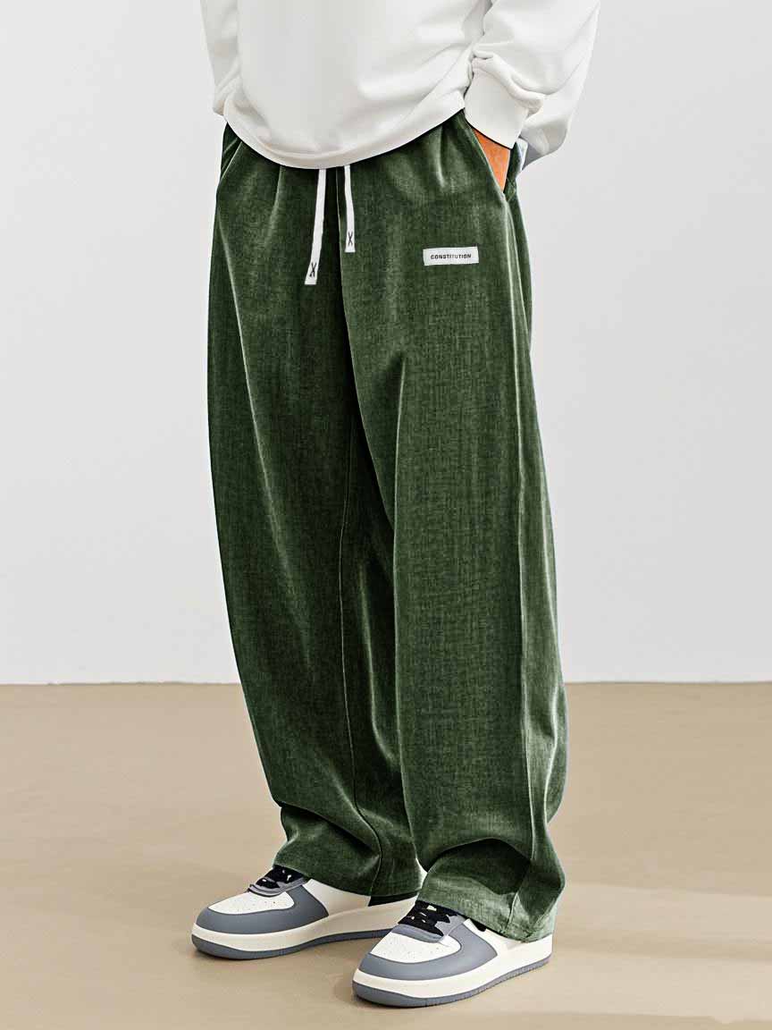 Men's Fashion Casual Everyday Hemp Fabric Pocket Embroidered Logo Loose Trousers