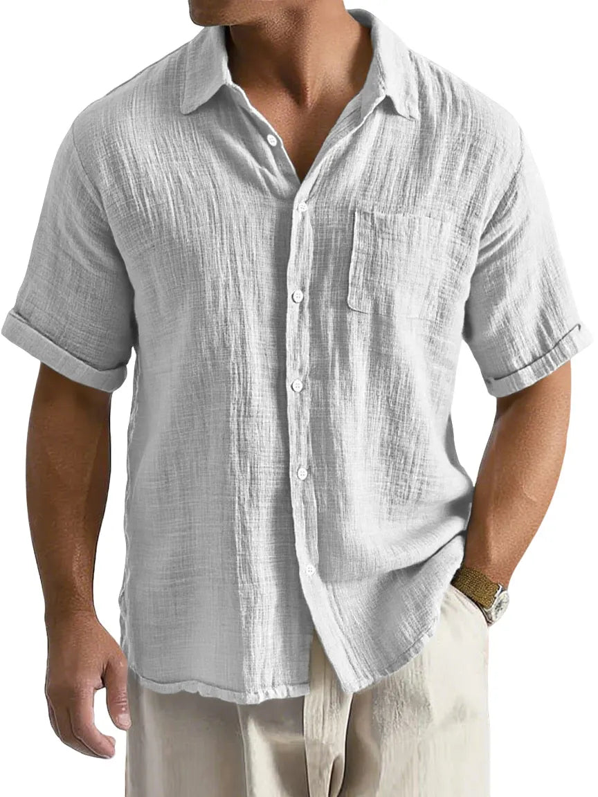 Men's Daily Casual Loose And Comfortable Imitation Linen Lapel Short-sleeved Button-down Shirt