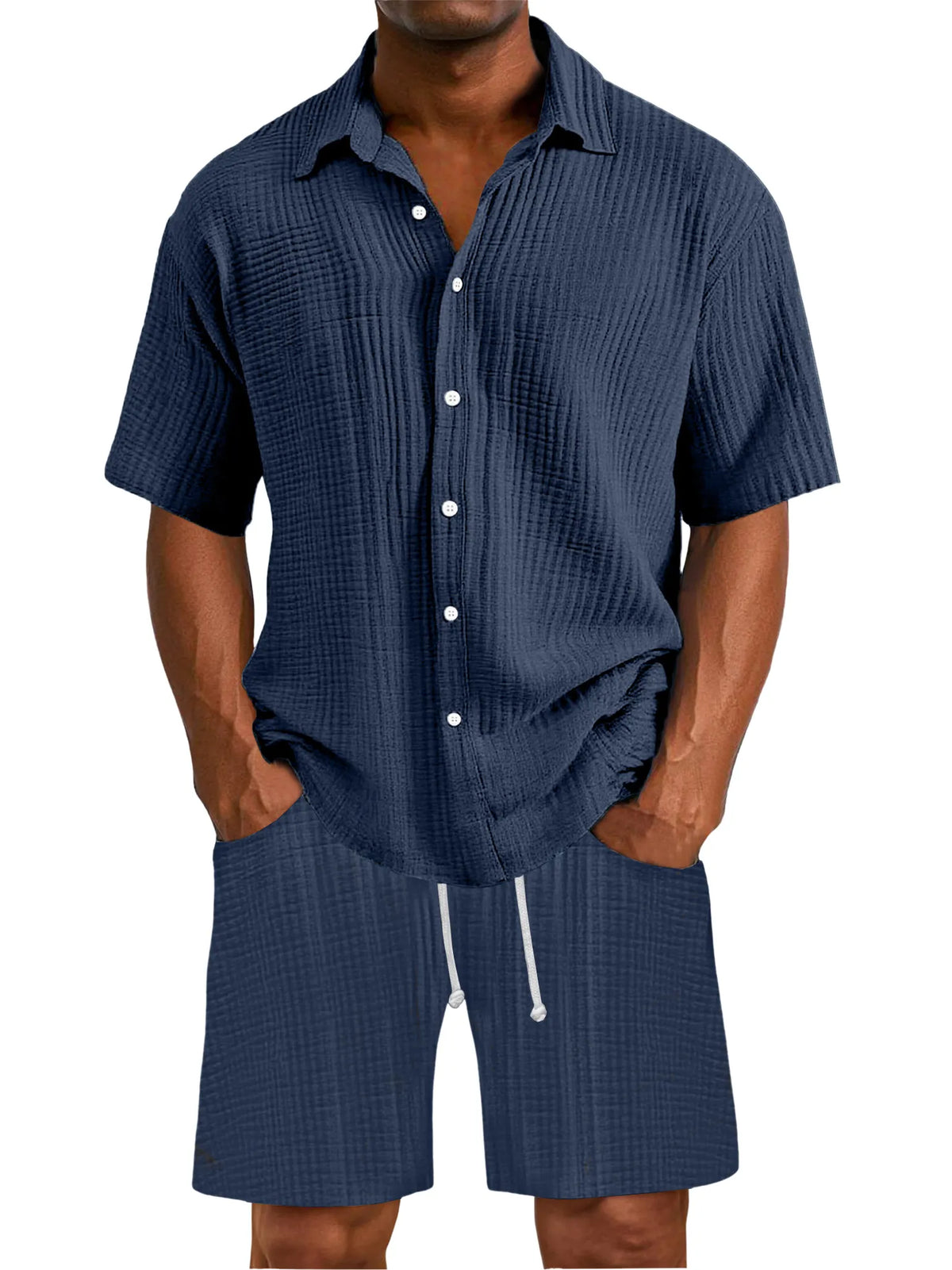 Men's Daily Wrinkled Texture Pocket Shirt Shorts Set