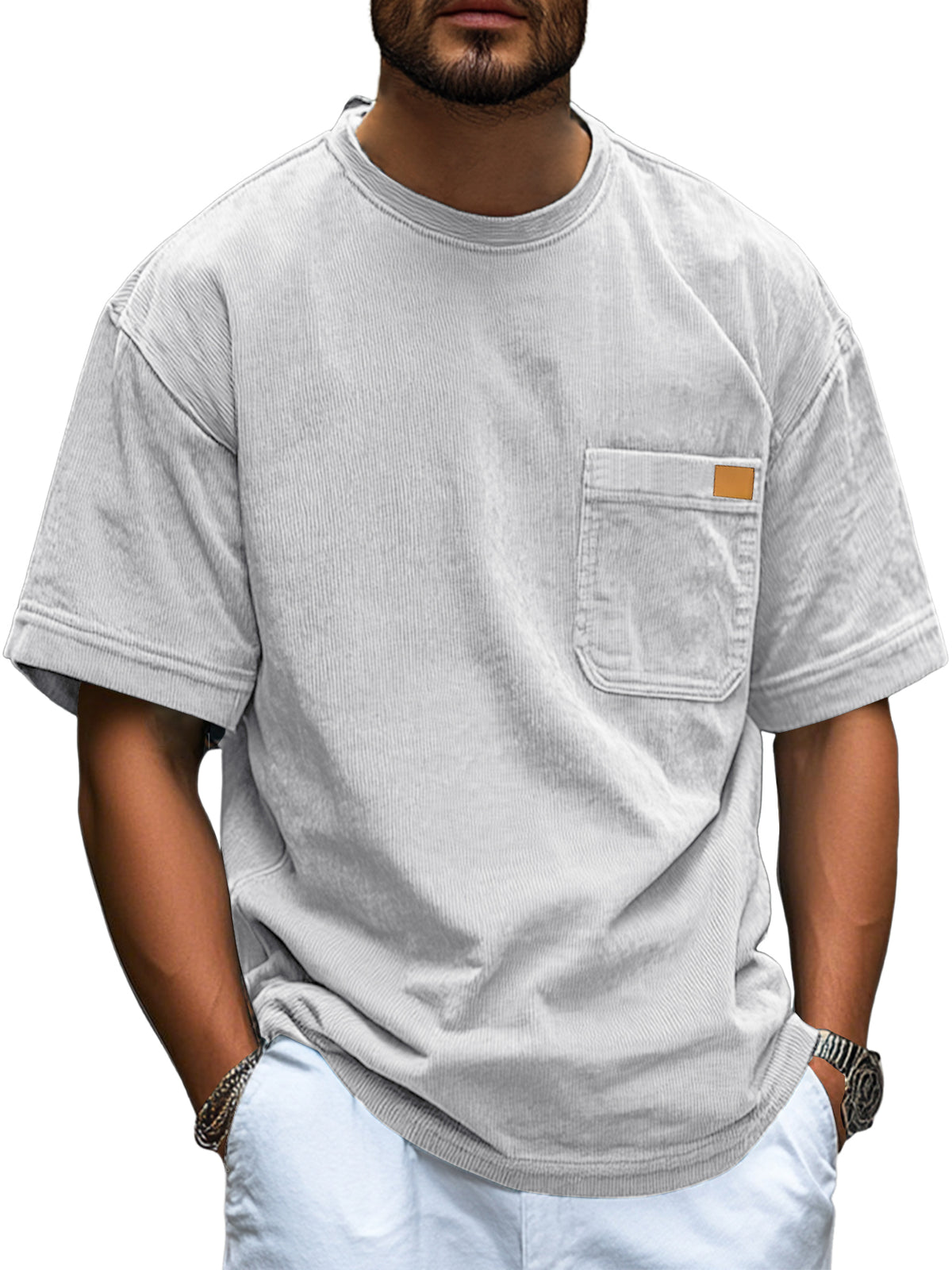 Men's Fashion Retro Corduroy Simple Embroidered Logo Pocket Casual Short-sleeved T-shirt