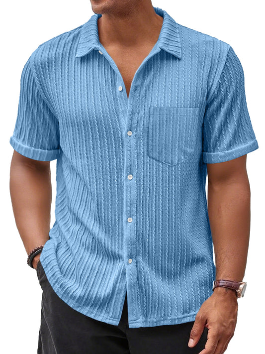 Men's Daily Casual Jacquard Texture Pocket Solid Color Comfortable Short-sleeved Shirt