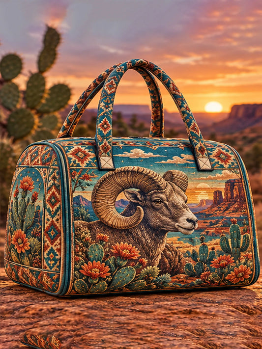 Southwest Desert Bighorn Sheep Cactus Sunset Floral Quilted Duffle Bag