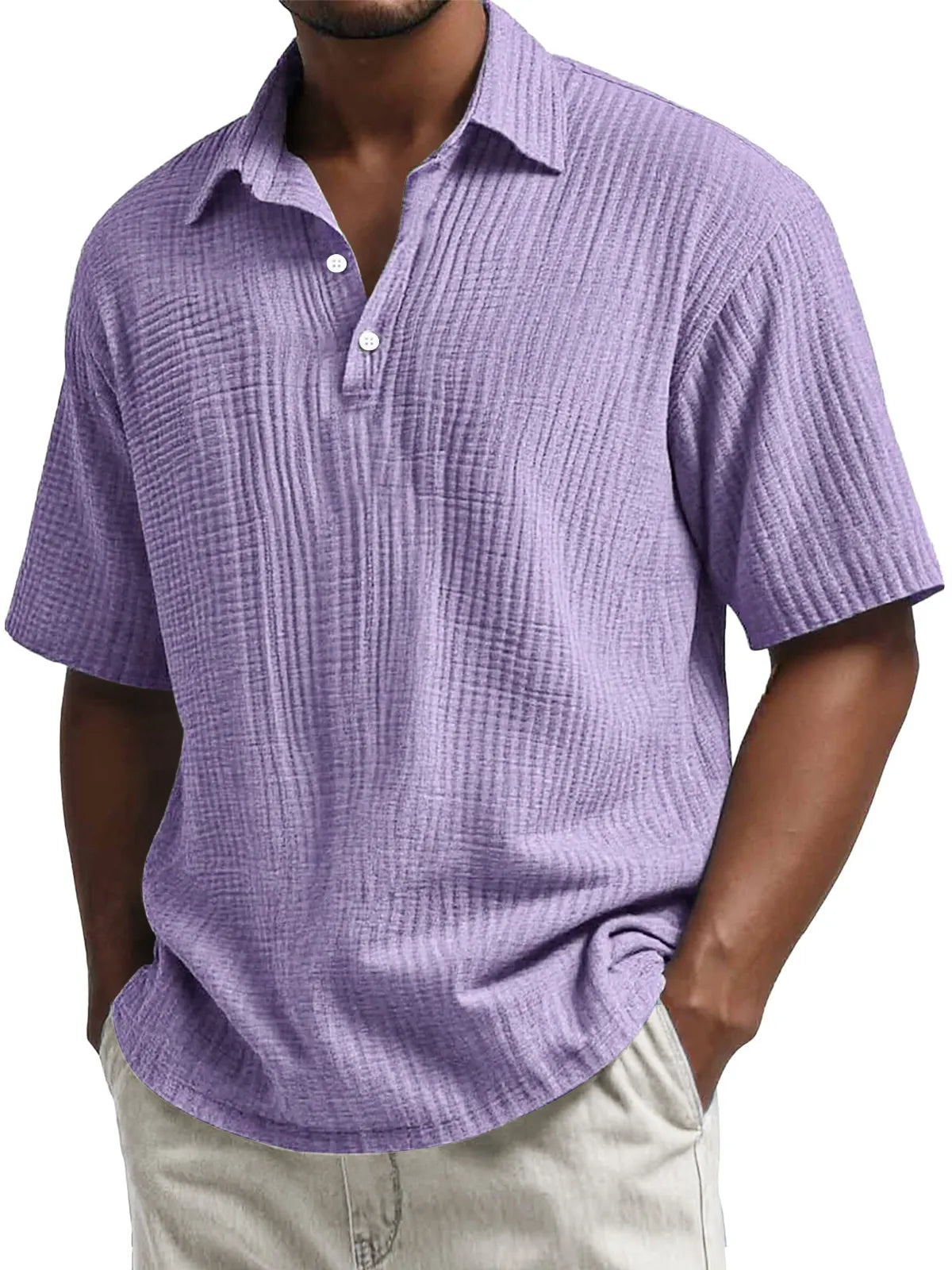 Men's Daily Pleated Texture Lapel Button Casual Short Sleeve POLO Shirt