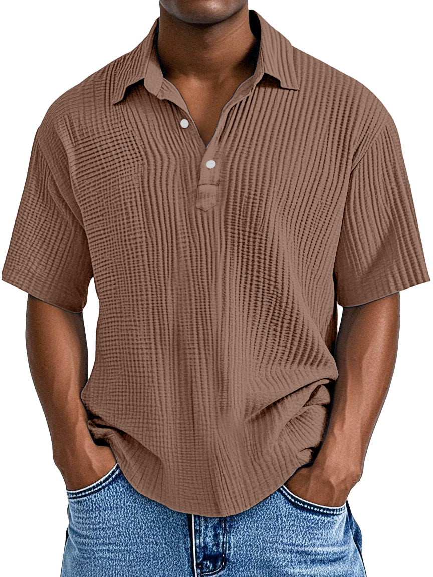 Men's Simple Daily Loose Pleated Texture Short Sleeve Lapel Polo Shirt