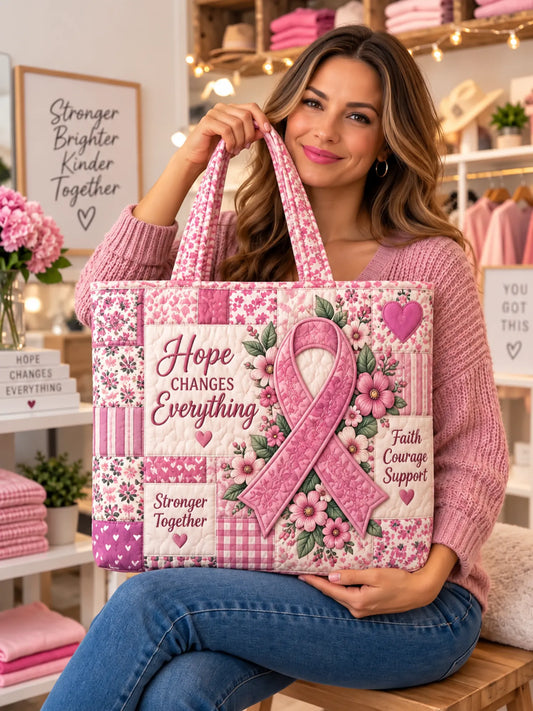 Faith Courage Support Pink Ribbon Patchwork Quilted Tote Bag