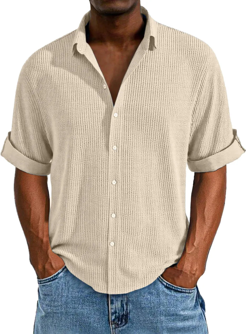 Men's Casual Loose Simple Texture Solid Color Button Short-sleeved Shirt