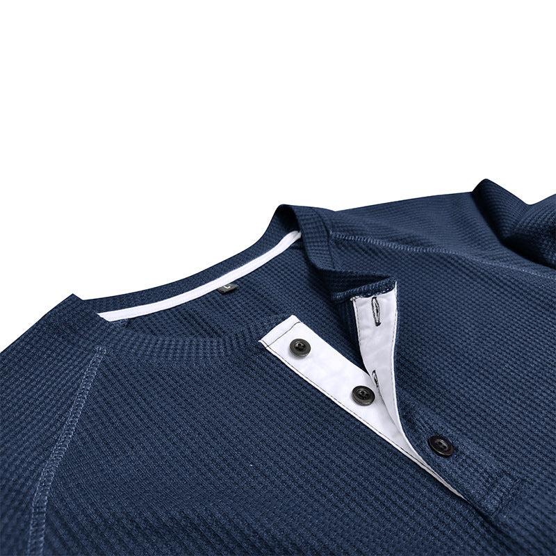 Men's Waffle Henley Collar Textured Long-sleeved Top