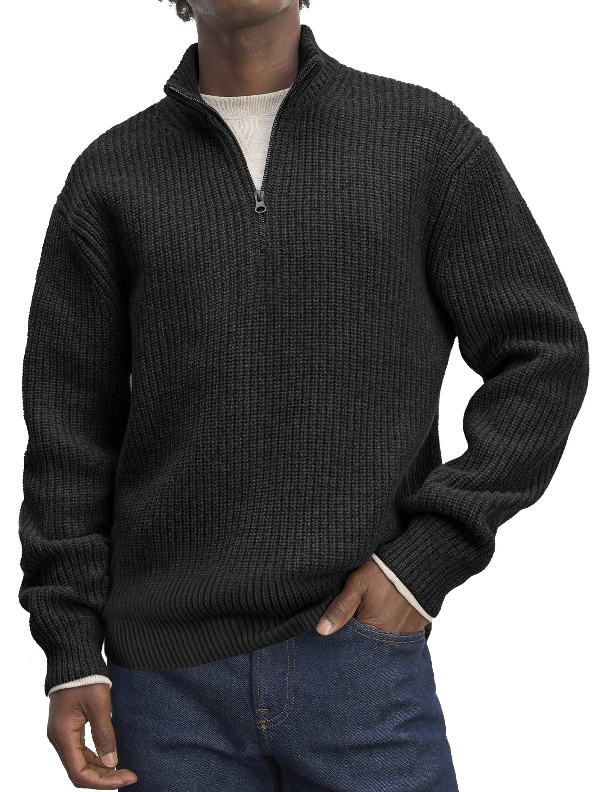 Men's Casual Stand Collar Zipper Solid Color Comfortable Knitted Sweater