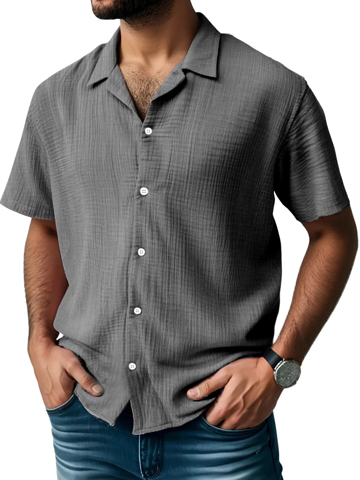 Men's Everyday Solid Color Pleated Texture Short-sleeved Shirt