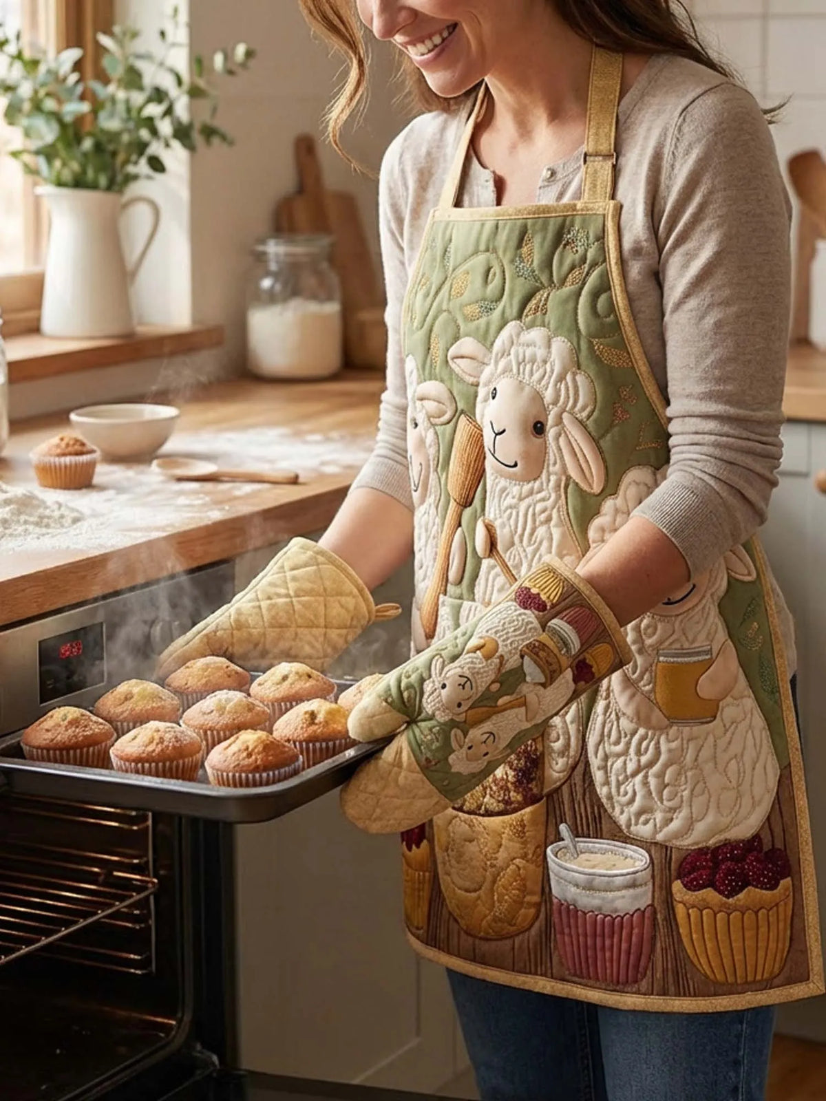 Sheep Baking Quilted Apron Set (2-Piece) – Padded Apron + Heat-Resistant Oven Mitts