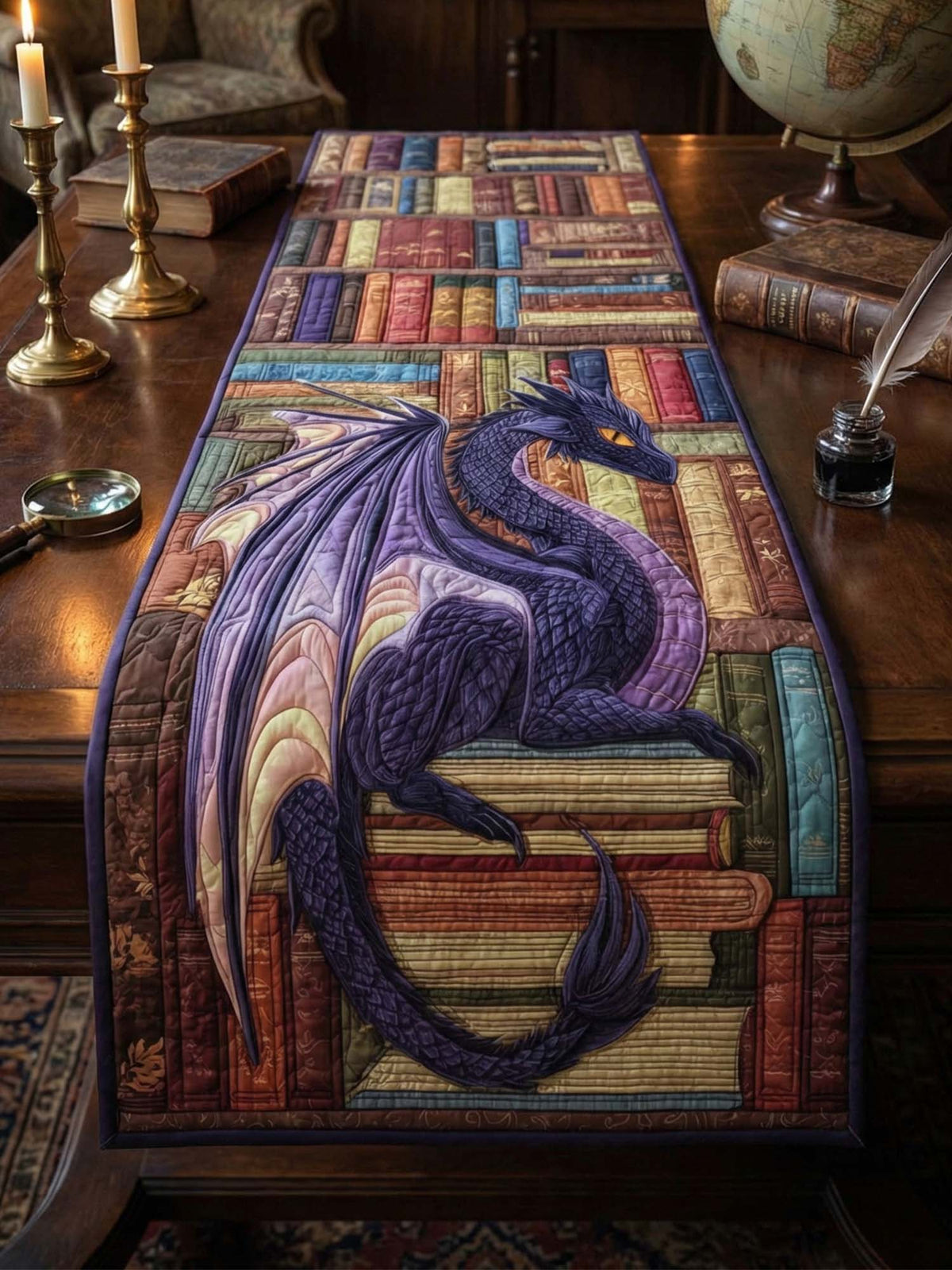Mysterious Dragons And Books Quilted Table Runner