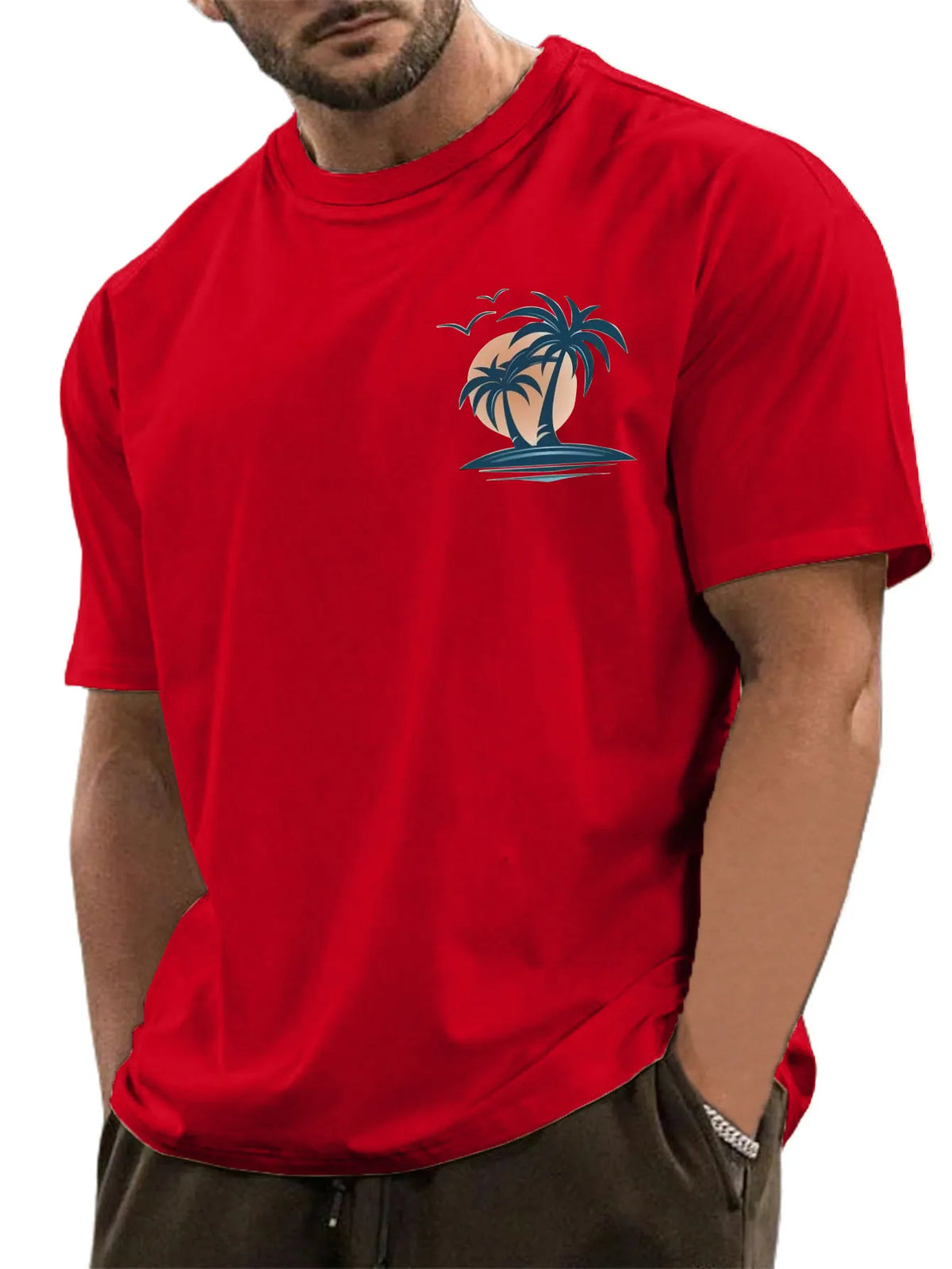 Men's Cotton Basic Casual Palm Tree Print Comfortable Short-sleeved T-shirt