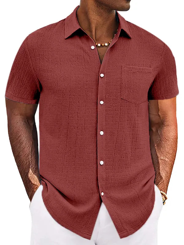 Men's Casual Simple Solid Color Texture Short-sleeved Button-down Shirt