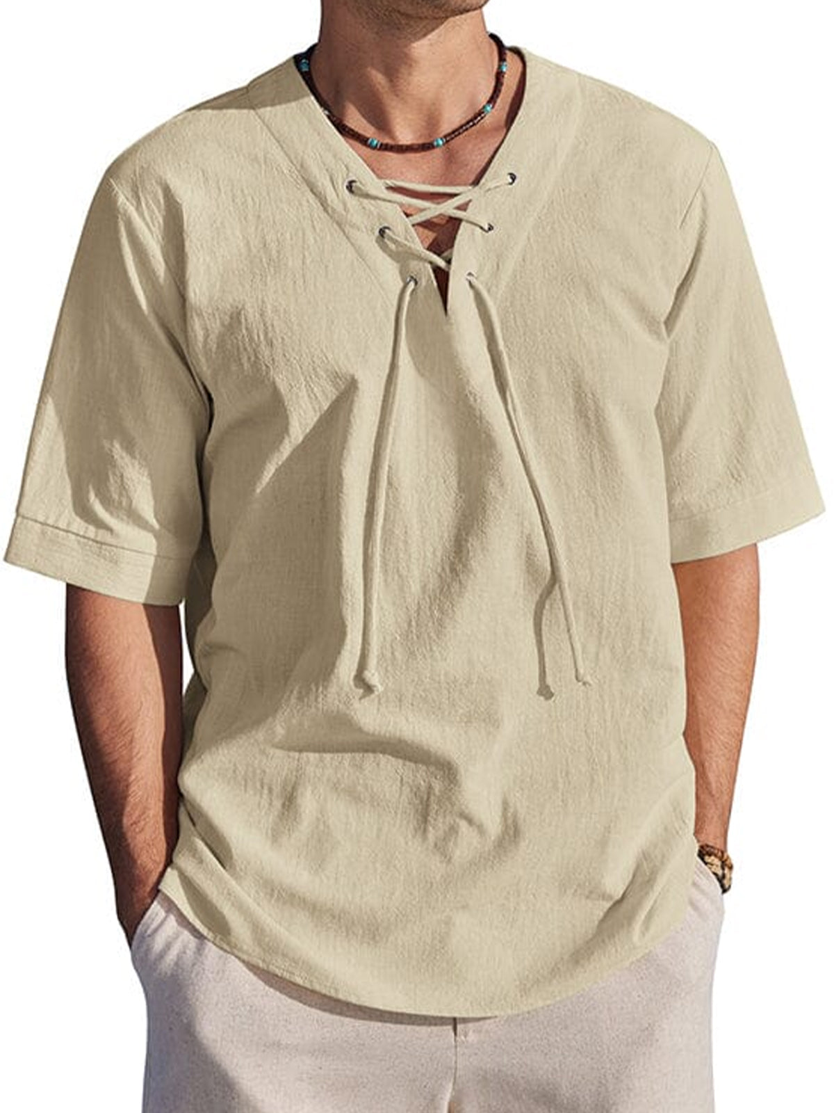 Men's Holiday Tie-Drape Hollow Neck Linen Casual Short Sleeve T-Shirt