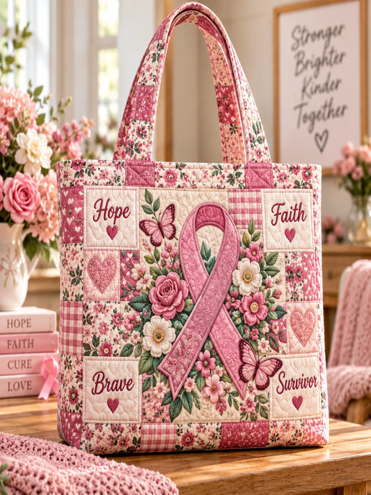 Pink Ribbon Floral Butterfly Patchwork Quilted Tote Bag