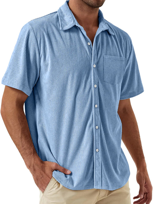 Men's Casual Corduroy Pocket Solid Color Short Sleeve Shirt
