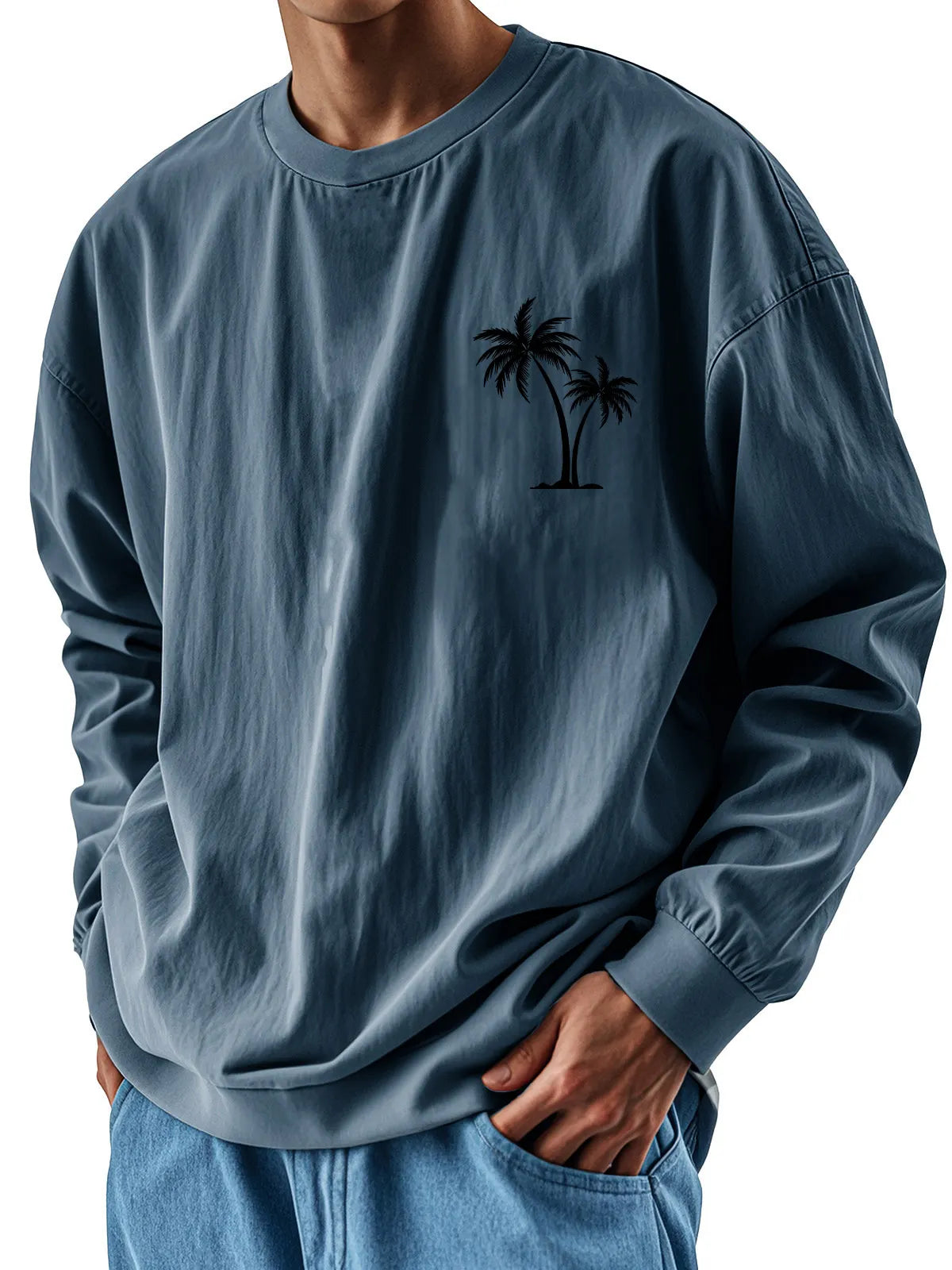 Men's Fashion Casual Round Neck Coconut Tree Print Long Sleeve T-shirt
