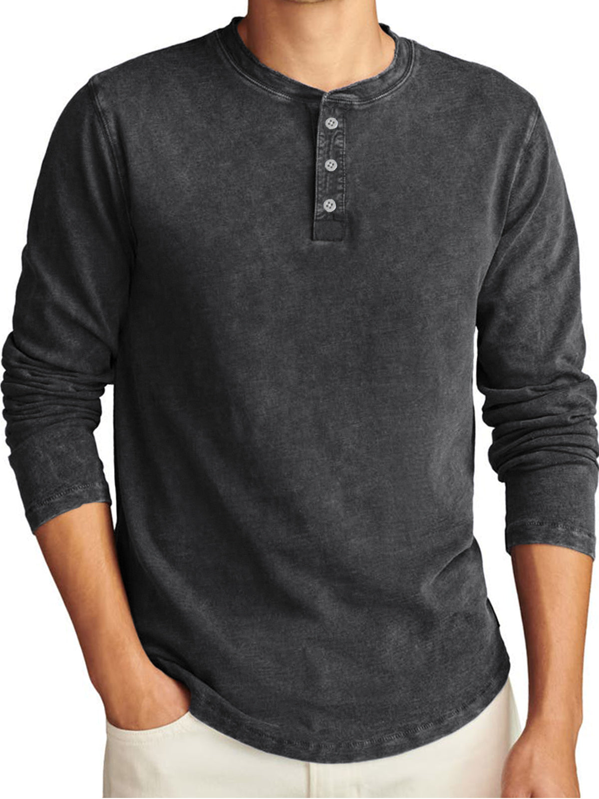 Men's Vintage Distressed Long Sleeve Washed Casual T-Shirt Henley Shirt