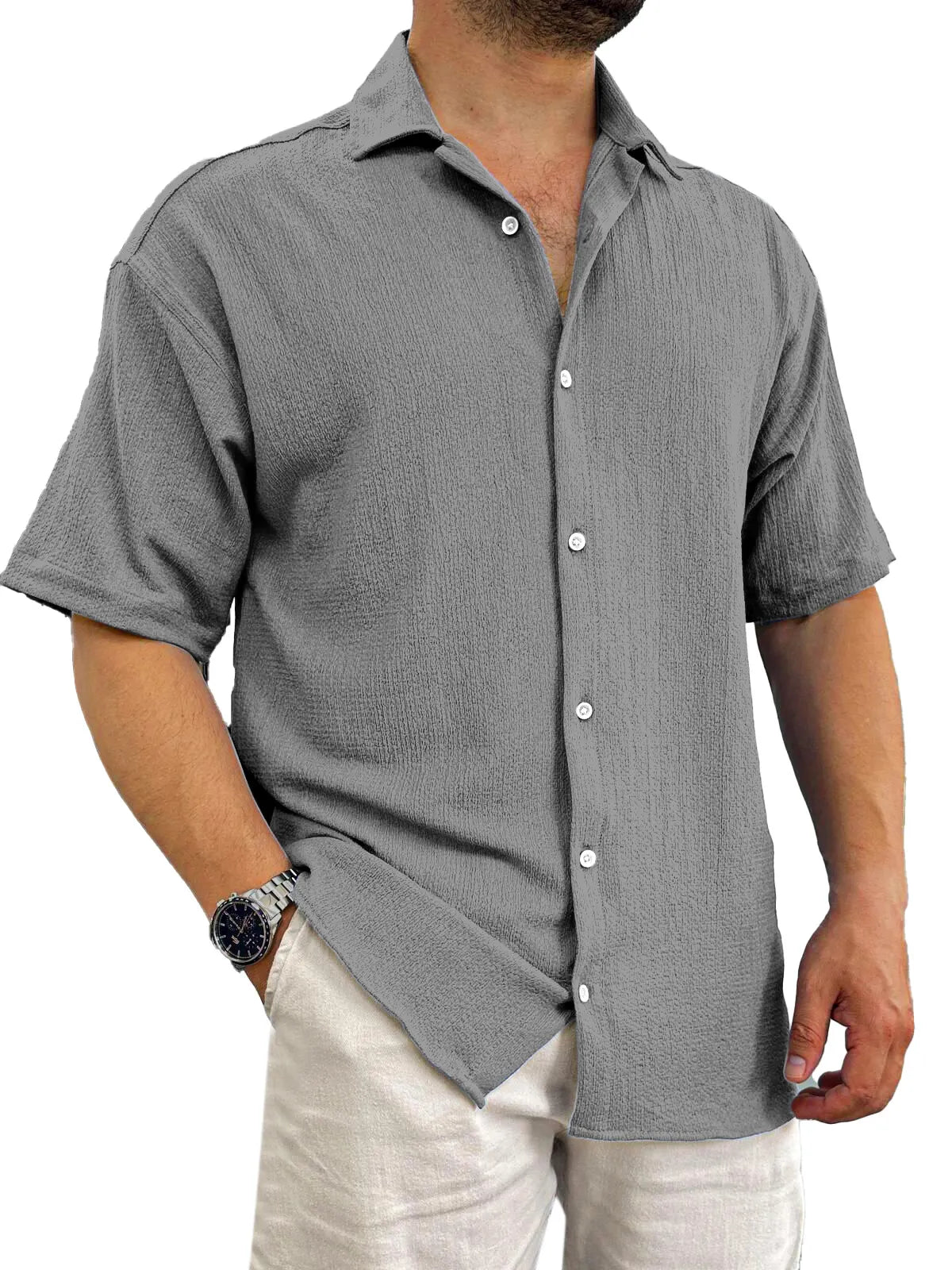 Men's Casual Daily Solid Color Texture Solid Color Short-sleeved Shirt
