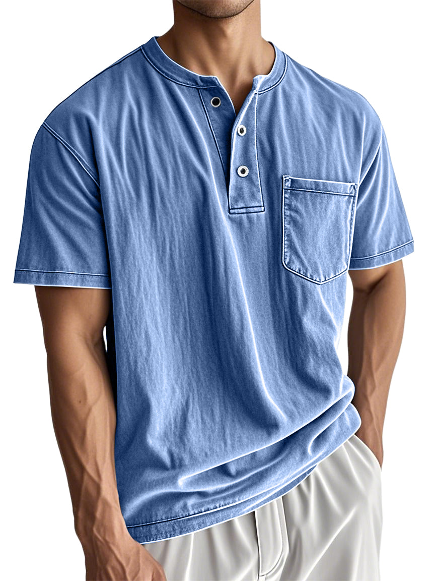 Men's Stylish Washed Distressed Cotton Vintage Casual Pocket Henley Shirt