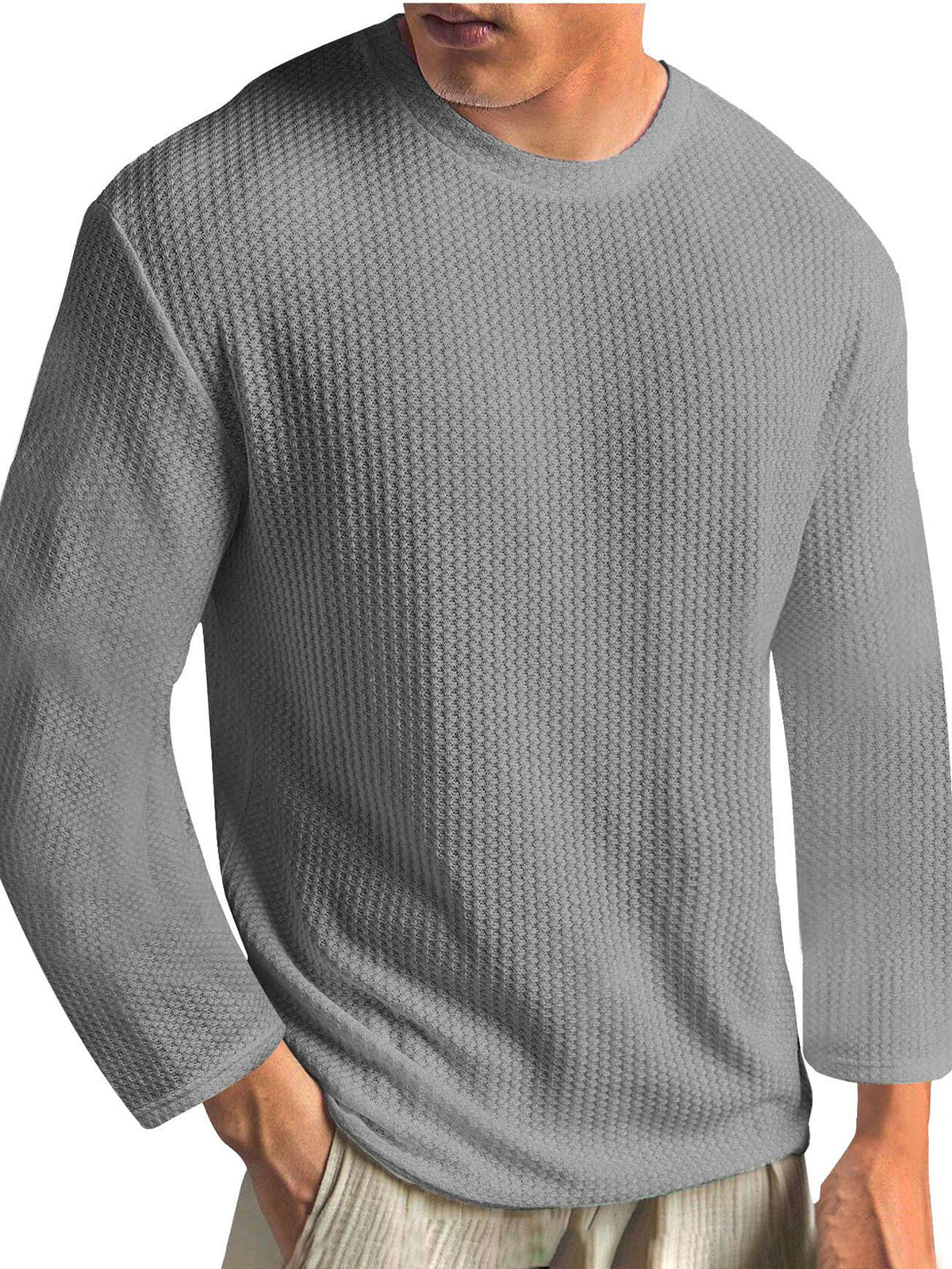 Men's Knitted Waffle Fabric Solid Color Basic Casual Base Outer Wear Long-sleeved T-shirt