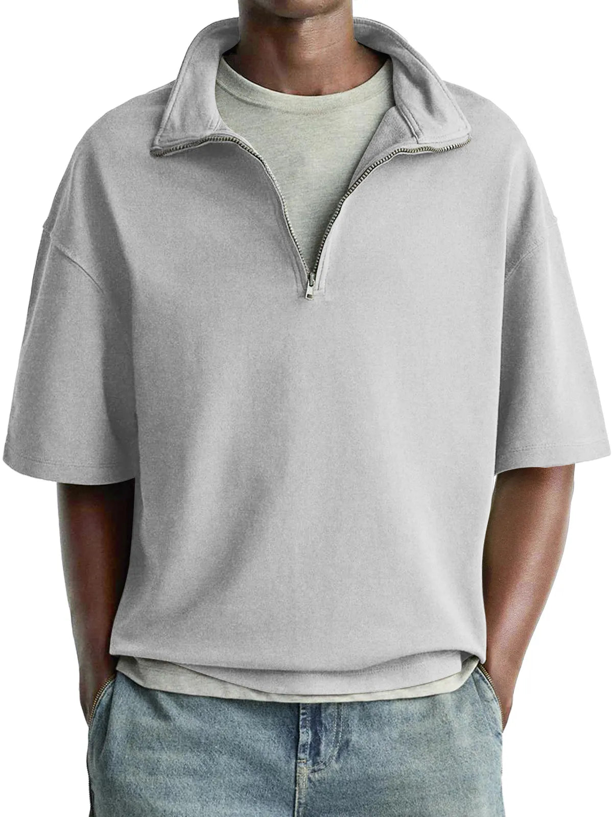 Men's Daily Casual Stand Collar Zipper Comfortable Short-sleeved T-shirt