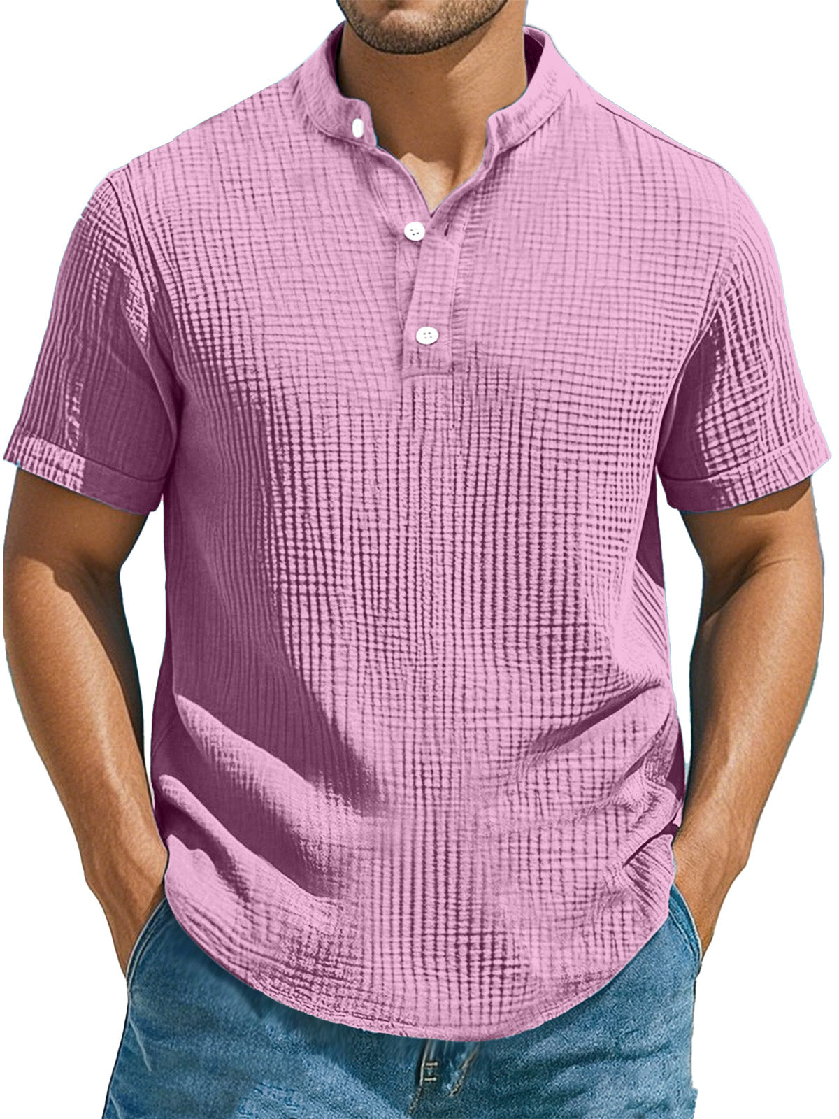 Men's Casual Solid Color Pleated Texture Short-sleeved Stand Collar Henley Shirt