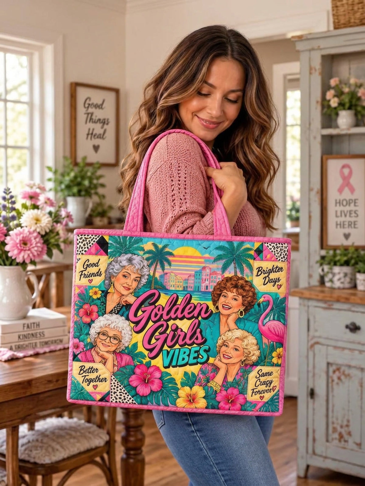 Golden Girls Vibes Tropical Flamingo Patchwork Quilted Tote Bag