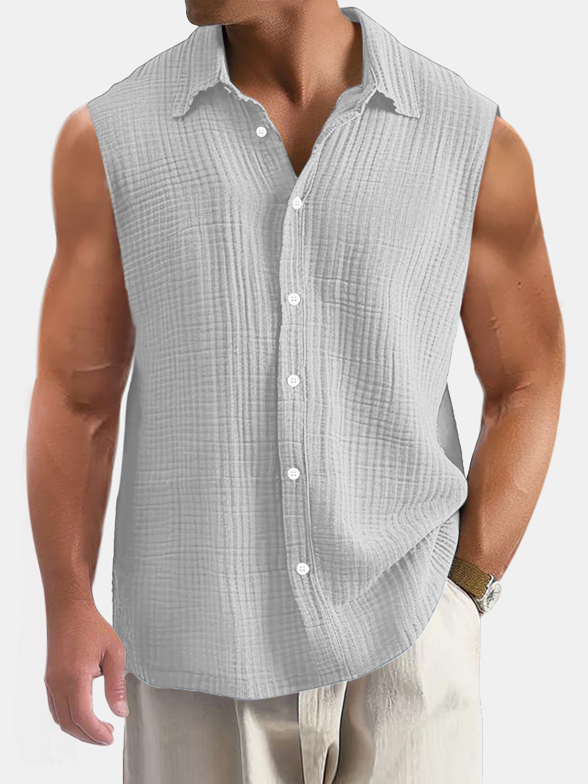Men's Summer Casual Simple Puff Wrinkle Sleeveless Shirt