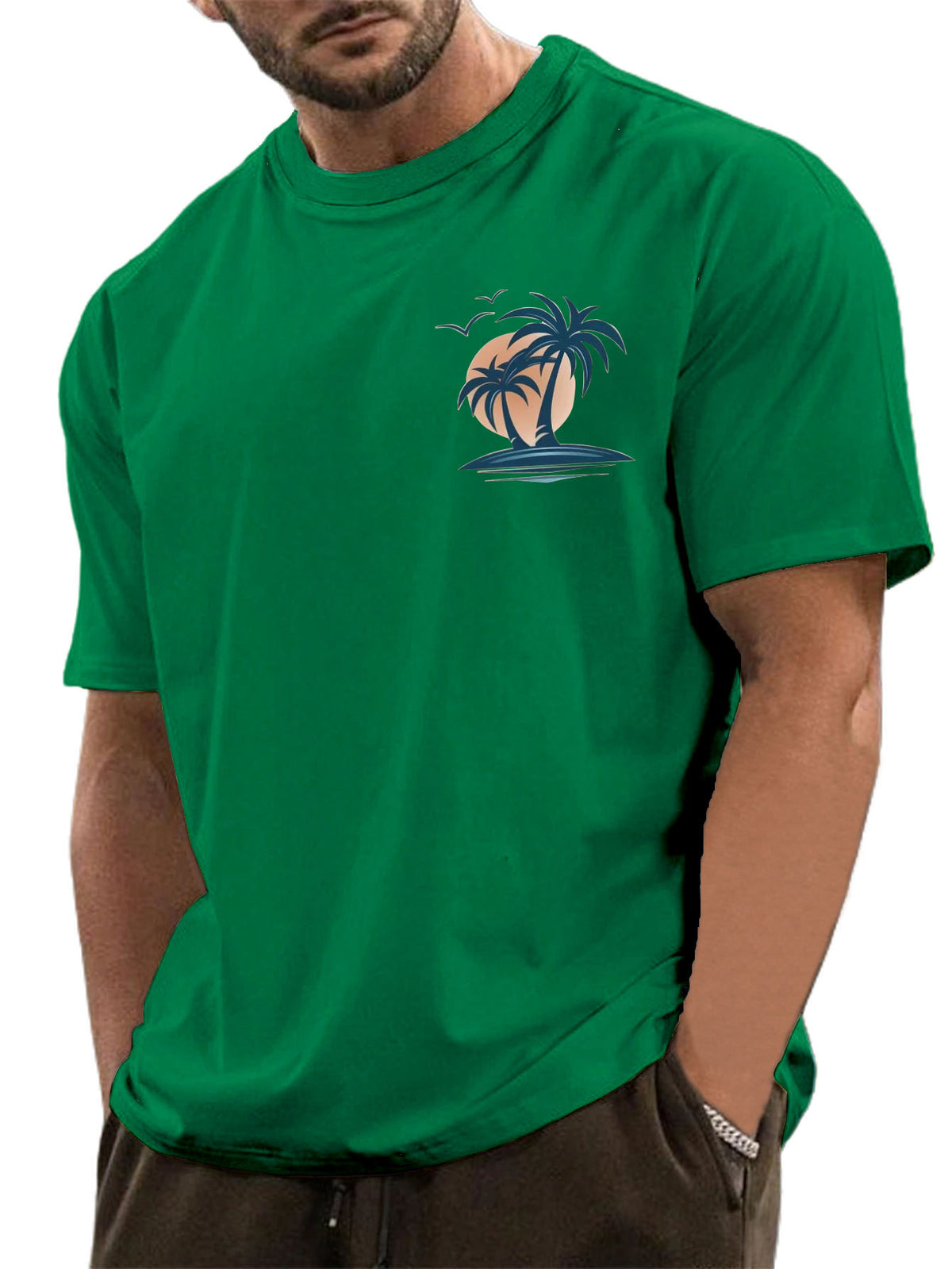 Men's Cotton Basic Casual Palm Tree Print Comfortable Short-sleeved T-shirt