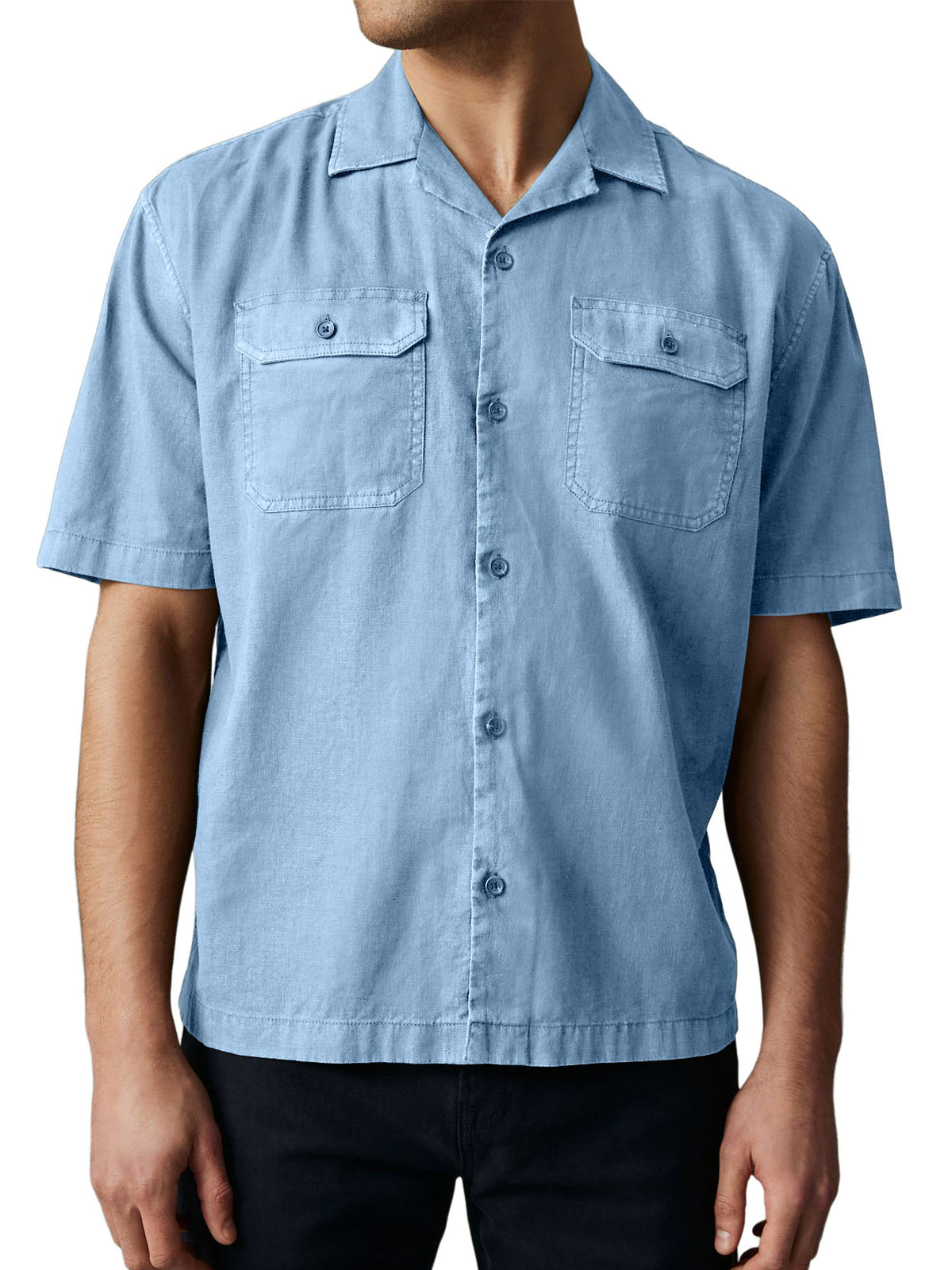 Men's Retro Cotton And Linen Double Pocket Workwear Short-sleeved Shirt