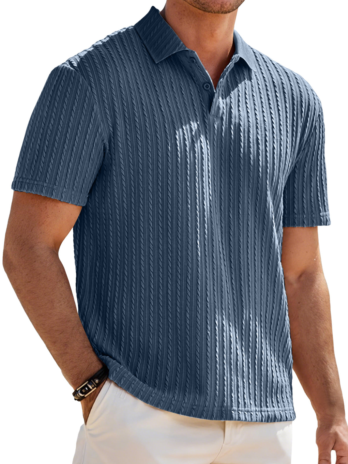Men's Jacquard Texture Casual Lapel Button Solid Color Short-sleeved Polo Shirt