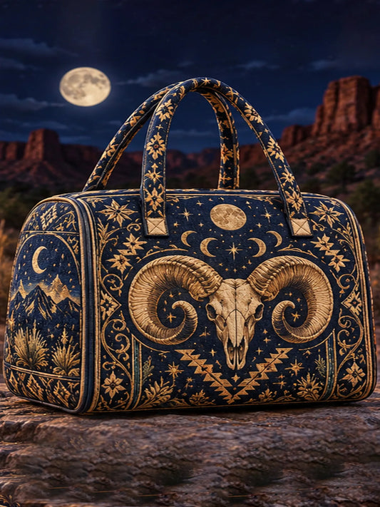 Dark Boho Ram Skull Night Sky Star Moon Quilted Duffle Bag