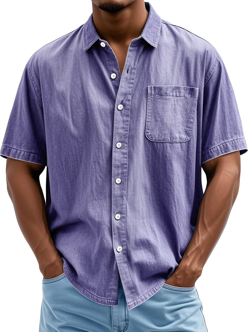 Men's Fashion Casual Lapel Pocket Solid Color Short Shirt
