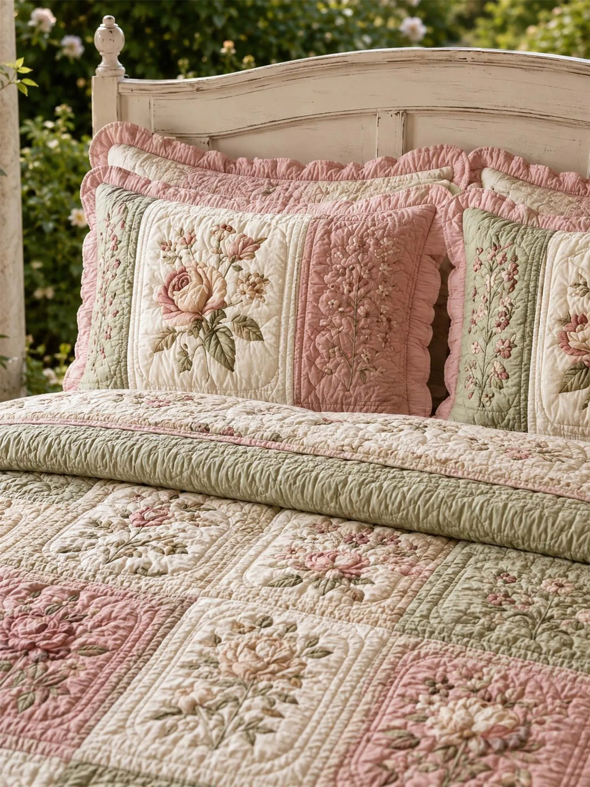 Vintage Rose Floral Quilted 3-Piece Bedding Set – Luxury Quilted Bedding with Matching Pillow Shams