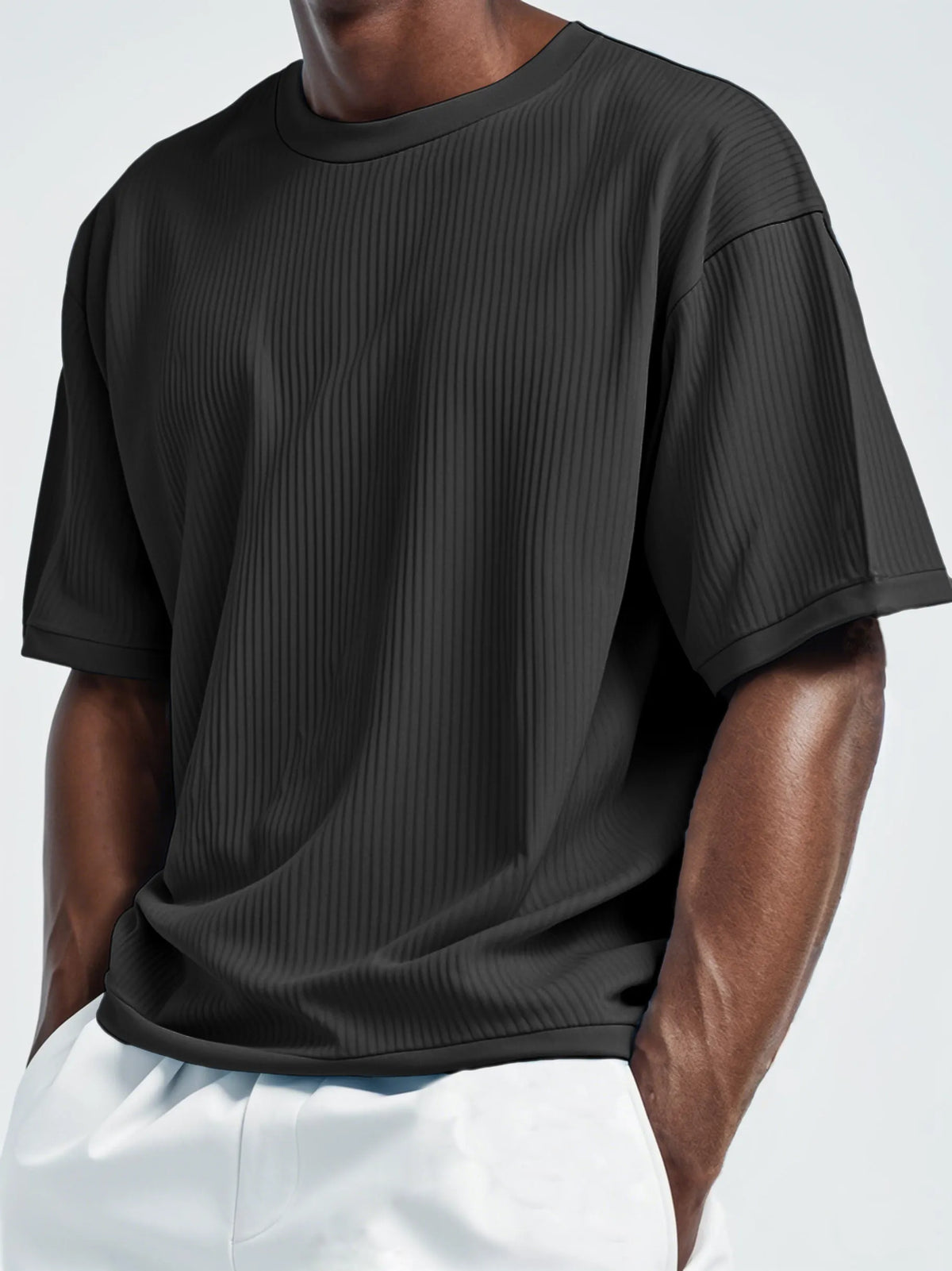 Men's Pleated Vertical Striped Fabric Casual Short Sleeve T-shirt