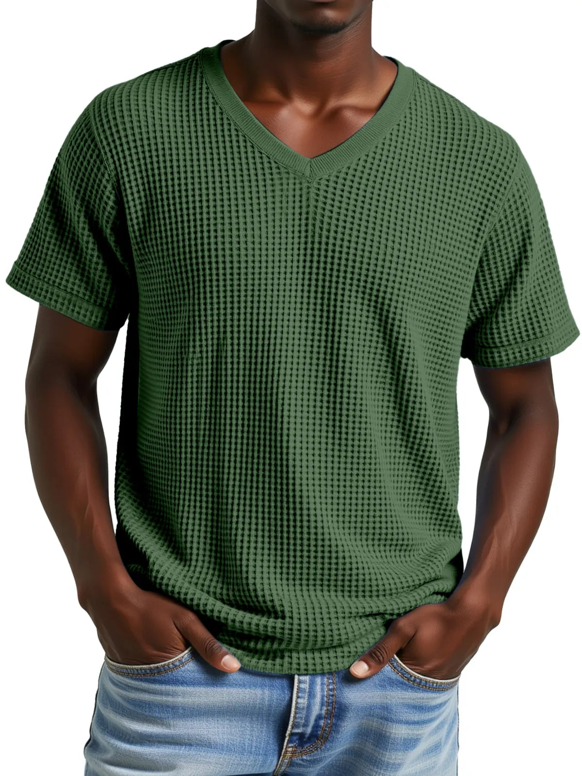 Men's Simple Casual Waffle V-neck Short Sleeve T-shirt